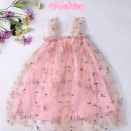 Toddler Baby Girls Tutu Dress Sleeveless Embroidery Floral Print Tulle Dress Little Girl Princess Dresses with Flower Headband