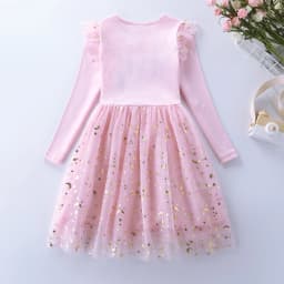 Girls' Autumn New Cotton Embroidered Cartoon Unicorn Mesh Dress