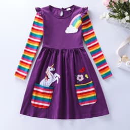 Girls' Long Sleeve Unicorn Dress Autumn Embroidery Two Pockets Rainbow Sleeves 81035