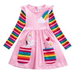 Girls' Long Sleeve Unicorn Dress Autumn Embroidery Two Pockets Rainbow Sleeves 81035