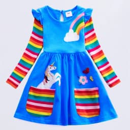 Girls' Long Sleeve Unicorn Dress Autumn Embroidery Two Pockets Rainbow Sleeves 81035