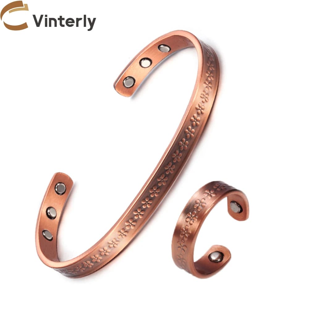 Pure Copper Jewelry Set for Women Flower Adjustable Open Cuff Magnet Arthritis Pain Relief Rings 6mm Health Energy Jewelry-sets