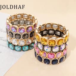 2026 Gold Color Crystal Bangle Handmade Square Shape Rhinestones Boho Women Tennis Bracelet Elastic Bohemian Zircon Jewelry