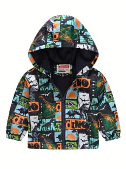 Boys Cartoon Dinosaur Print Zipper Hooded Jacket, Cardigan Collar Zipper Jacket,Kids Clothes Windbeark