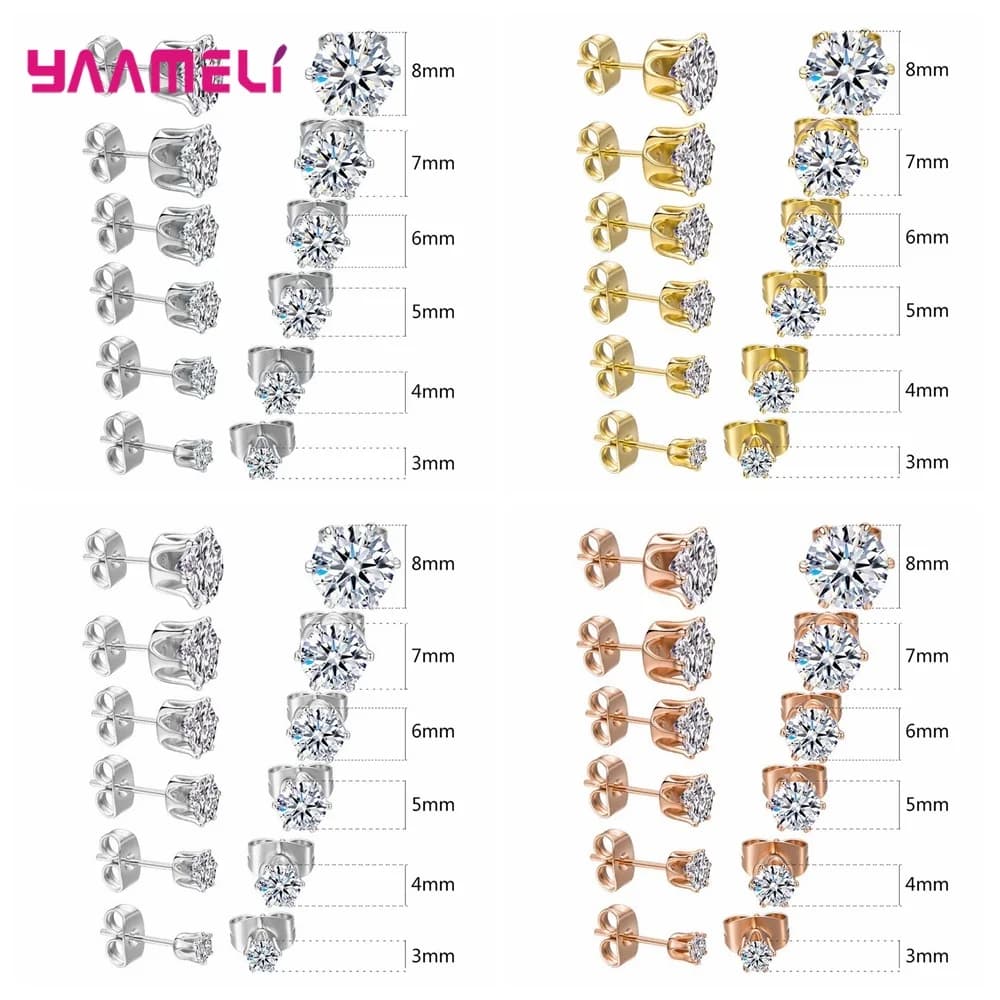 925 Sterling Silver Stud Earring Cubic Zircon Rhinestone Claw Setting Jewelry for Man Woman 3/4/5/6/7/8MM Mix Size 6 Pairs