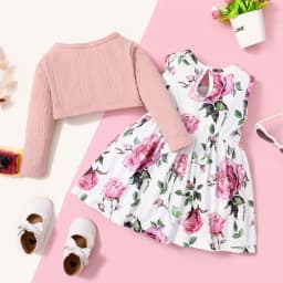 0-3 Years Toddler Baby Girl 2PCS Dress Set Plain Color Ribbed Overcoat+Floral Sleeveless Dress Fashion Lovely Style Party Wear
