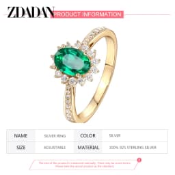 ZDADAN 925 Sterling Silver 18K Gold Emerald Adjustable Ring For Women Girls Fashion Party Jewelry