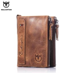 BULLCAPTAIN Retro Leather Men's Wallet Leather Zipper Buckle Short Money Wallet Card Holder Coin Purse RFID Wallet QB06