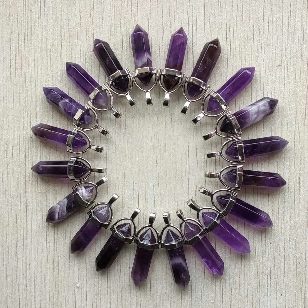 Fashion Natural Amethyst Stone Crystal Pillar Hexagonal Healing Reiki Point Pendants for Jewelry Making 24pcs/lot Wholesale
