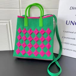 Contrasting Colors Knit Handbag Handmade Rhombic Lattice High-capacity Phone Bag Knit Knot Wrist Bag Women