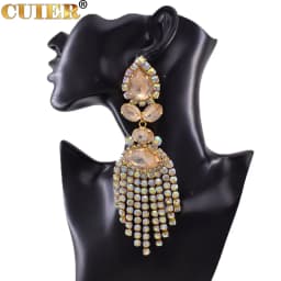 Rhinestones SS28 Dazzling17CM Long Tassel Clip on Earring for Women Jewelry Crystal AB Big Size Accessories for Drag Queen