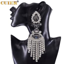 Rhinestones SS28 Dazzling17CM Long Tassel Clip on Earring for Women Jewelry Crystal AB Big Size Accessories for Drag Queen