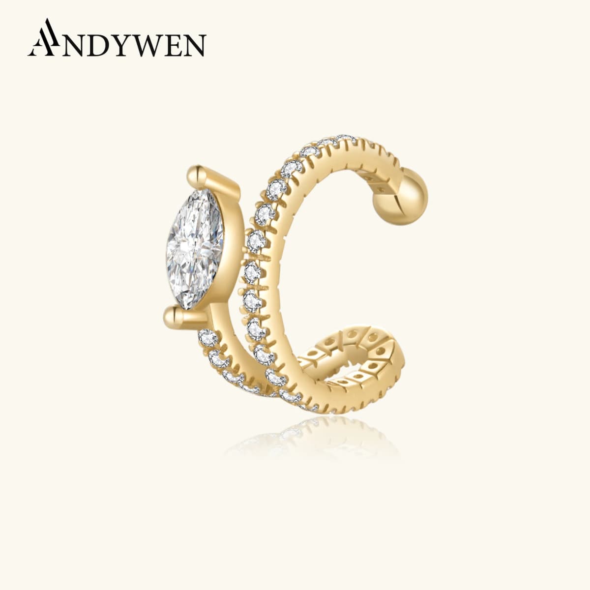 ANDYWEN 925 Sterling Silver 2023 Clear CZ Marqulse Earcuff Cuff Earring Non Piercing Clips Luxury Fine Jewelry Gift