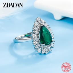 ZDADAN 925 Sterling Silver Water Drop Emerald Adjustable Ring For Women Fashion Jewelry