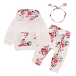 0-18 Months Toddler Baby Girl 3PCS Hooded Clothes Set Flowers Print Long Sleeve Top+Pant+Bowknot Headband Fashion Autumn Outfit