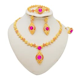 Fashion Ethiopia Dubai Women Gold Color Jewelry Sets Blue Pendant Necklace Earrings Bracelet Ring Sets Party Gifts