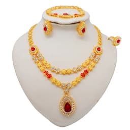 Fashion Ethiopia Dubai Women Gold Color Jewelry Sets Blue Pendant Necklace Earrings Bracelet Ring Sets Party Gifts