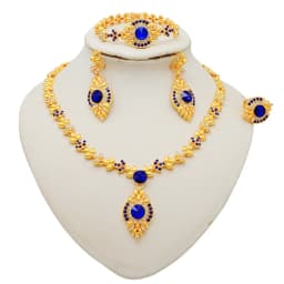 Fashion Ethiopia Dubai Women Gold Color Jewelry Sets Blue Pendant Necklace Earrings Bracelet Ring Sets Party Gifts