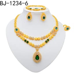 Fashion Ethiopia Dubai Women Gold Color Jewelry Sets Blue Pendant Necklace Earrings Bracelet Ring Sets Party Gifts