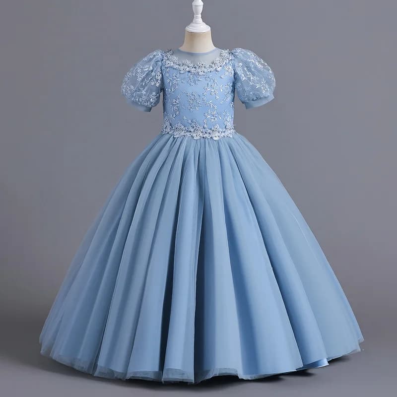 8901 Children's Dress for Girls' 4-12 Years Old Princess Sequin Bubble Sleeve Long Mesh Flower Girl Wedding Little Summer