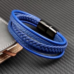 MingAo New Titanium Steel Blue Punk Braided Leather Bracelet For Men Black Magnet Clasp Bangle The Best Gift for Vintage Jewelry