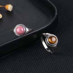 Simple Ring Jewelry Natural Labradorite S925 Silver Round Tiger Eye Moonstone Ring for Women Wedding Party Luxury Gift