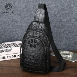 SCHLATUM 100% Cowhide Leather Men Crocodile Grain Fashion Black Multifunctional Leather Chest Bag