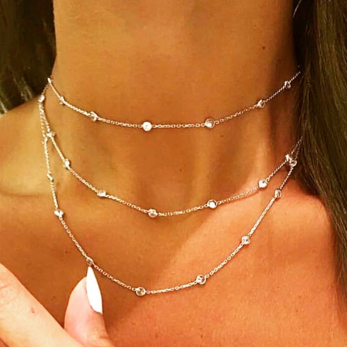 3MM Bezel Set Round Dot Geometric CZ Station Chain Necklace 100% 925 Stelring Silver 46cm 85cm 102cm Multi Layer Chains