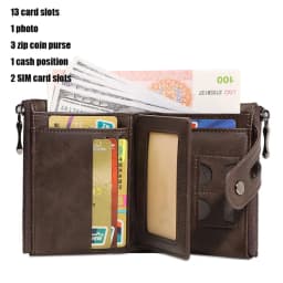 Classic Retro Men's Chain Wallet RFID Anti-Theft Men's Leather Wallet Double Zipper Coin Purse Credit Card Holder for Men
