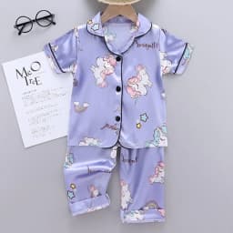 Girls Pajamas Pants Set Summer Air-Conditioned Clothing Toddler Boys Lce Silk Satin Cartoon Unicorn Nightgown 2pcs Outfit