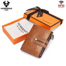 HUMERPAUL 100% Genuine Leather Mens Casual Wallet RFID Blocking Credit Card Holder with Zipper Coin Pocket Short Male Clutch Bag