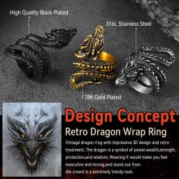 U7 Dragon Rings for Men Women Black Retro 14K Gold Color Vivid Animal Dragon Wrapped Rings Stainless Steel Cool Jewelry Gift