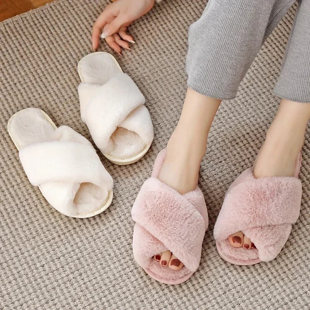 Winter Women House Slippers Faux Fur Fashion Warm Shoes Woman Slip on Flats Female Slides Black Pink cozy home furry slippers