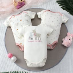  3PCS Summer Baby Girls Three Piece Bodysuit Animal Kingdom and Elephant Letter Pattern Short Sleeve Bodysuit Mother's Day Gif