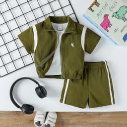 2Pcs Baby Boys Short Sleeve With Zipper Top & Pants Set Summer Outdoor Sports Clothes For 1-3Y Casual