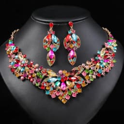 Advanced design retro necklace earring set leaf Multicolored flowers luxurious crystal jewelry bride's wedding dress accessories
