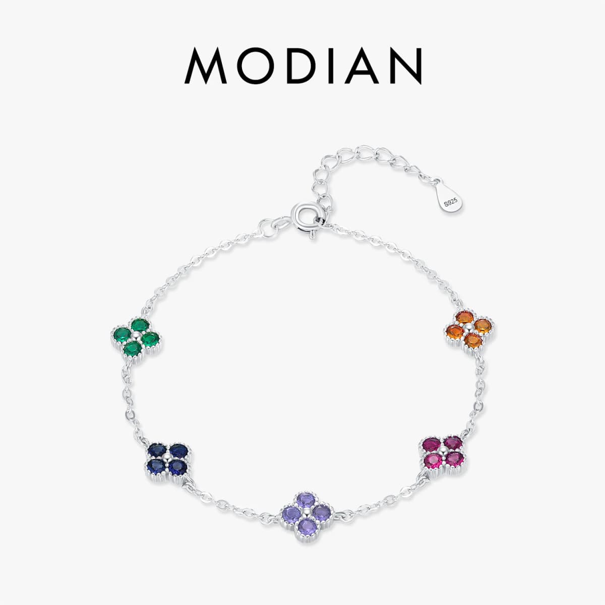 MODIAN 925 Sterling Silver Sweet Four Leaf Clover Colorful Zirconia Charm Fashion Stackable Bracelet For Women Fine Jewelry