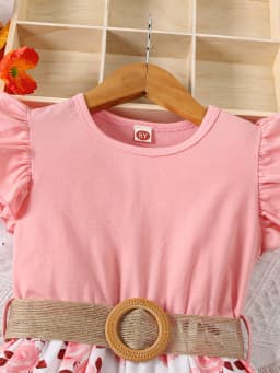 Girl's casual romantic floral print with ruffled edges and small flying sleeves, waist cinching dress (including belt), summer