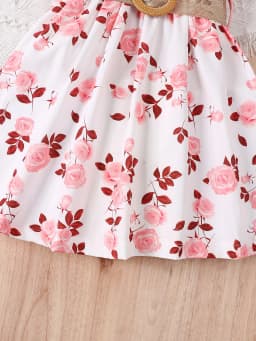 Girl's casual romantic floral print with ruffled edges and small flying sleeves, waist cinching dress (including belt), summer