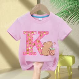 Kawaii Capybara T-shirt Girls New Anime Capibara Summer Tees Kids Letter A-Z Cute Short Sleeve Casual Tops Children Clothes Gift