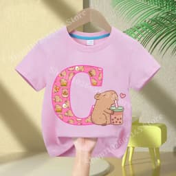 Kawaii Capybara T-shirt Girls New Anime Capibara Summer Tees Kids Letter A-Z Cute Short Sleeve Casual Tops Children Clothes Gift