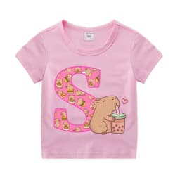 Kawaii Capybara T-shirt Girls New Anime Capibara Summer Tees Kids Letter A-Z Cute Short Sleeve Casual Tops Children Clothes Gift
