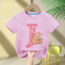 Kawaii Capybara T-shirt Girls New Anime Capibara Summer Tees Kids Letter A-Z Cute Short Sleeve Casual Tops Children Clothes Gift