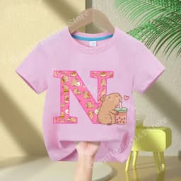 Kawaii Capybara T-shirt Girls New Anime Capibara Summer Tees Kids Letter A-Z Cute Short Sleeve Casual Tops Children Clothes Gift