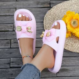Summer Women Slip-On Slippers Adorable Metallic Bear Bow Decor Slides Vacation Beach Walks Shower Versatile Multi-Color Sandals