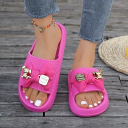 Summer Women Slip-On Slippers Adorable Metallic Bear Bow Decor Slides Vacation Beach Walks Shower Versatile Multi-Color Sandals