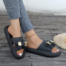 Summer Women Slip-On Slippers Adorable Metallic Bear Bow Decor Slides Vacation Beach Walks Shower Versatile Multi-Color Sandals