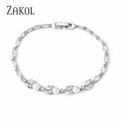 ZAKOL New Classic Leaf Zircon Imitation Pearl Charm Bracelets for Women Wedding Bride Bracelet Female Stylish Jewelry