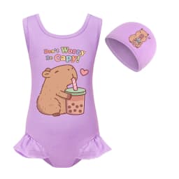 Cute Capybara Loves Bubble Tea Clothes Kids Summer Swimwear Baby Girls One Piece Swimsuit & Cap Children Vacation Bikini Suits