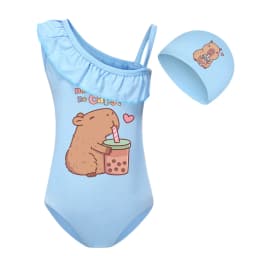 Cute Capybara Loves Bubble Tea Clothes Kids Summer Swimwear Baby Girls One Piece Swimsuit & Cap Children Vacation Bikini Suits
